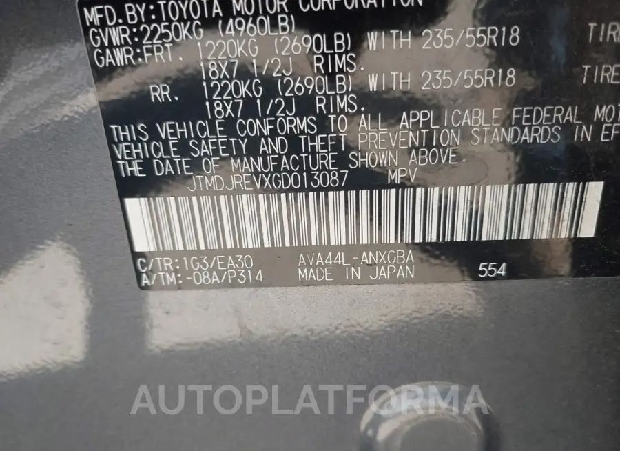 TOYOTA RAV4 HYBRID 2016 vin JTMDJREVXGD013087 from auto auction Iaai