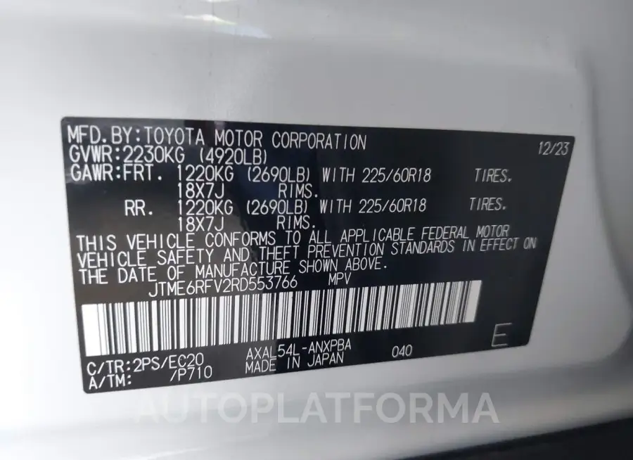 TOYOTA RAV4 HYBRID 2024 vin JTME6RFV2RD553766 from auto auction Iaai