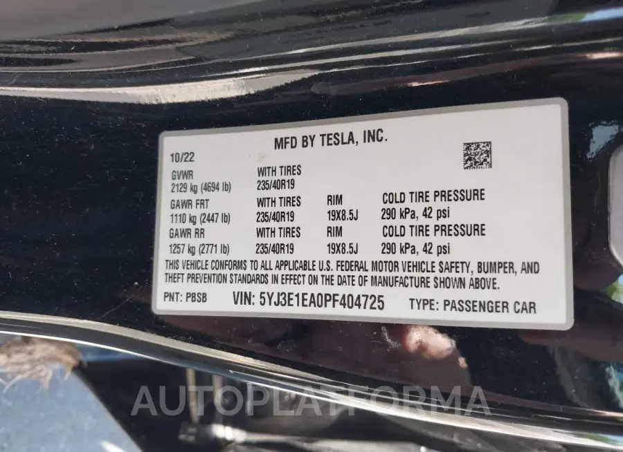 TESLA MODEL 3 2023 vin 5YJ3E1EA0PF404725 from auto auction Iaai