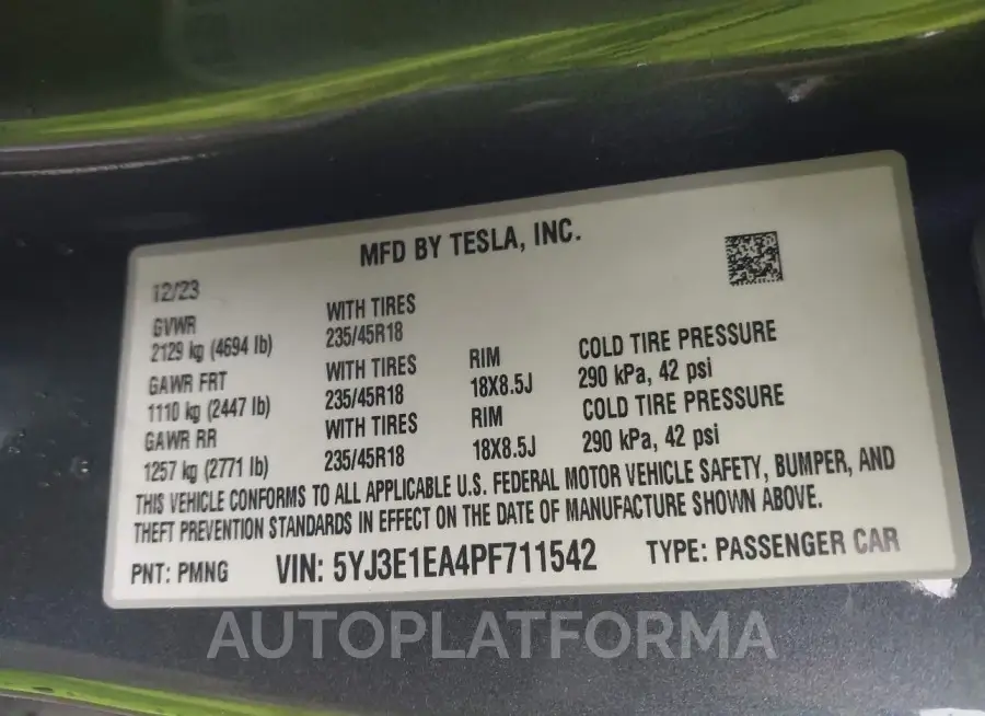 TESLA MODEL 3 2023 vin 5YJ3E1EA4PF711542 from auto auction Iaai