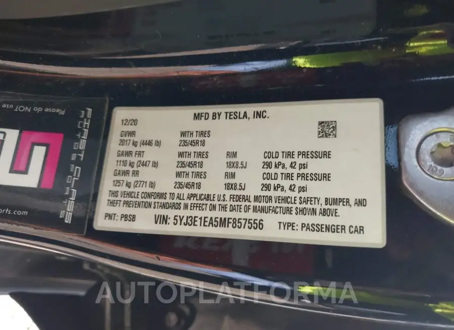 TESLA MODEL 3 2021 vin 5YJ3E1EA5MF857556 from auto auction Iaai