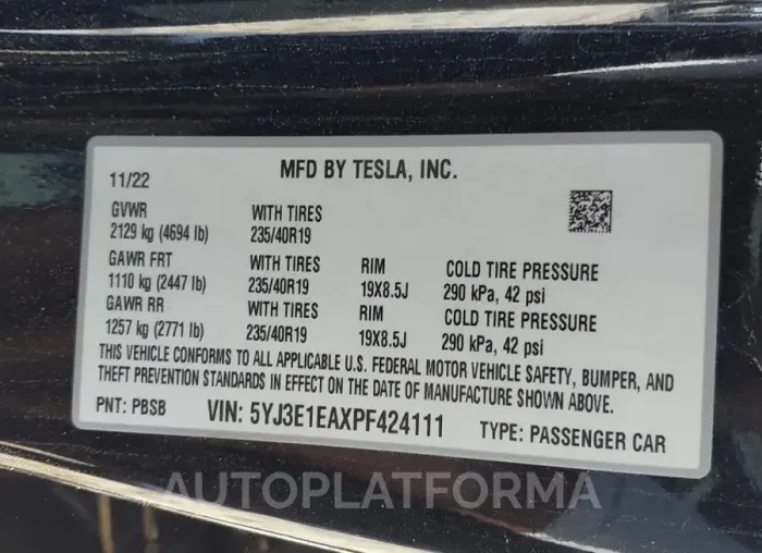 TESLA MODEL 3 2023 vin 5YJ3E1EAXPF424111 from auto auction Iaai