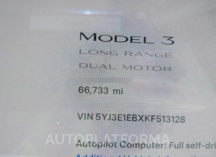 TESLA MODEL 3 2019 vin 5YJ3E1EBXKF513128 from auto auction Iaai