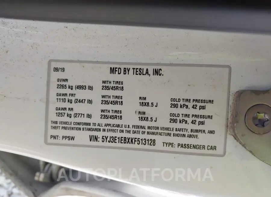 TESLA MODEL 3 2019 vin 5YJ3E1EBXKF513128 from auto auction Iaai