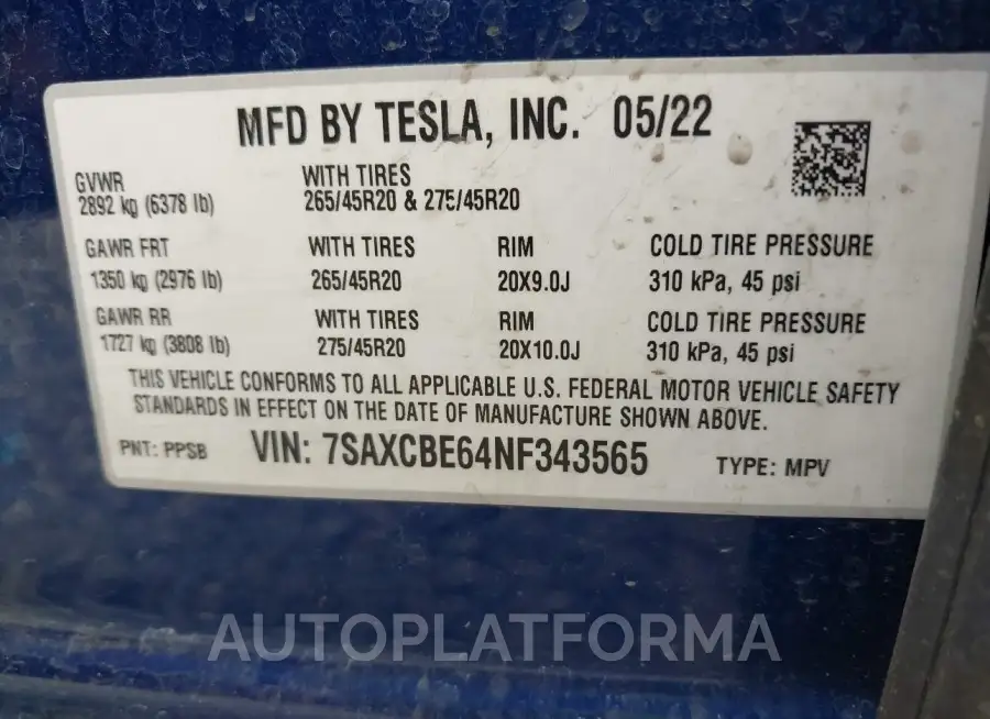 TESLA MODEL X 2022 vin 7SAXCBE64NF343565 from auto auction Iaai