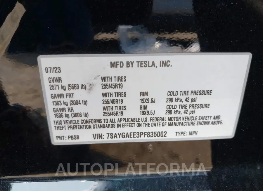 TESLA MODEL Y 2023 vin 7SAYGAEE3PF835002 from auto auction Iaai