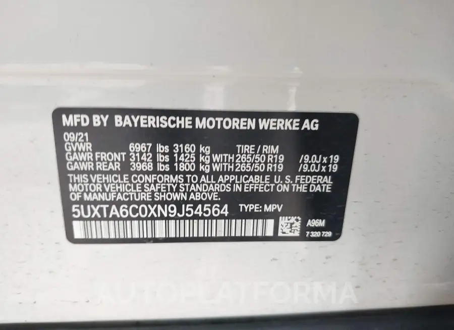 BMW X5 PHEV 2022 vin 5UXTA6C0XN9J54564 from auto auction Iaai