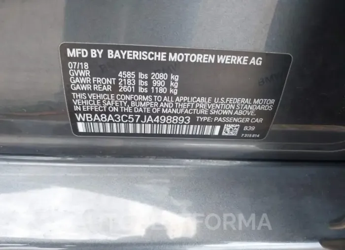 BMW 320I 2018 vin WBA8A3C57JA498893 from auto auction Iaai