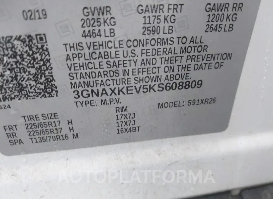 CHEVROLET EQUINOX 2019 vin 3GNAXKEV5KS608809 from auto auction Iaai