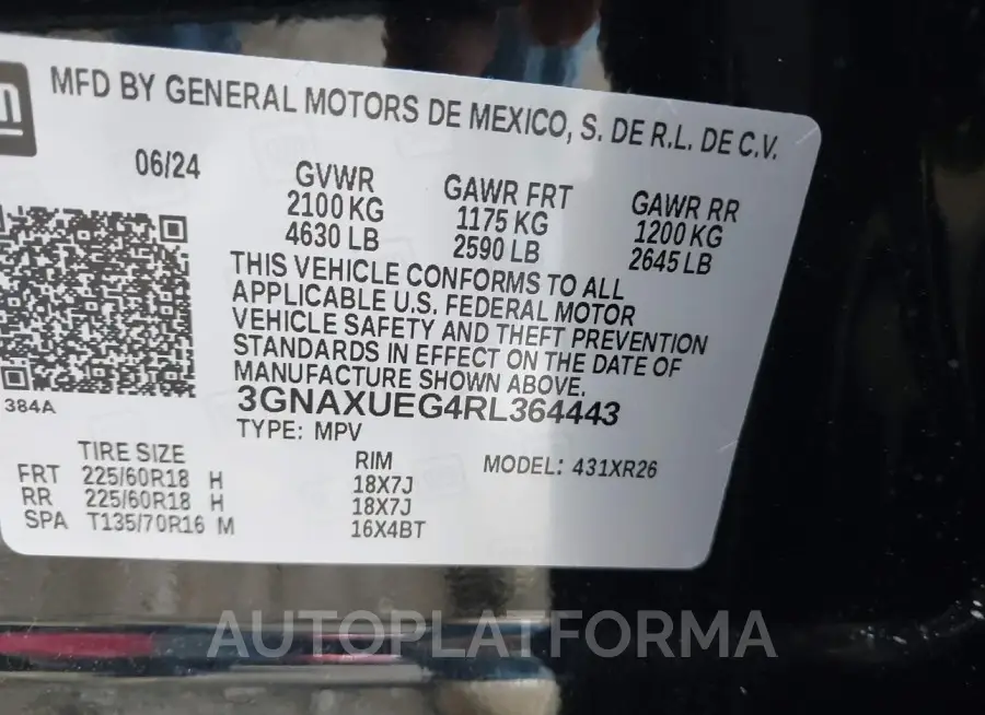 CHEVROLET EQUINOX 2024 vin 3GNAXUEG4RL364443 from auto auction Iaai