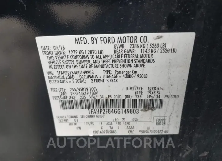 FORD TAURUS 2016 vin 1FAHP2F84GG149803 from auto auction Iaai