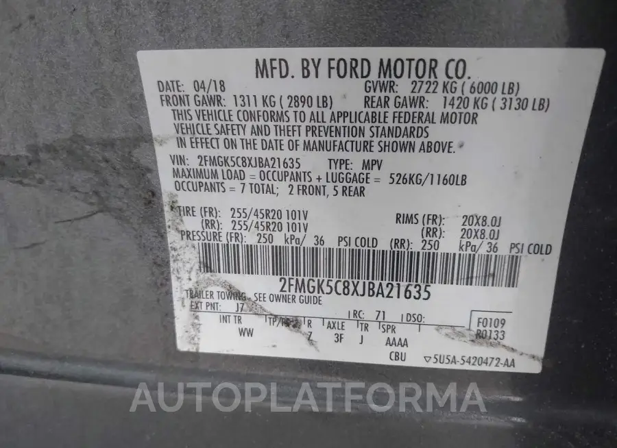 FORD FLEX 2018 vin 2FMGK5C8XJBA21635 from auto auction Iaai