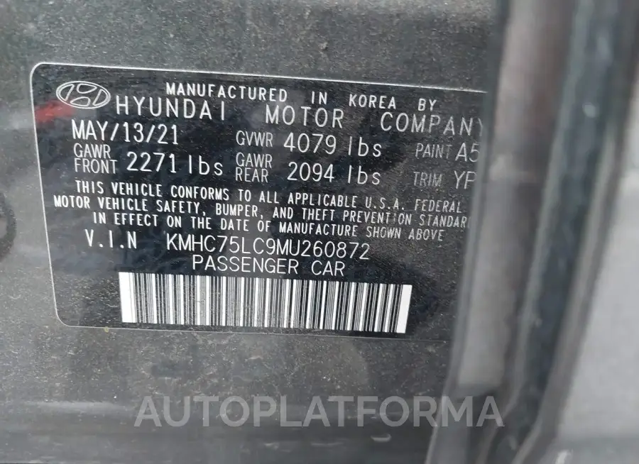 HYUNDAI IONIQ HYBRID 2021 vin KMHC75LC9MU260872 from auto auction Iaai