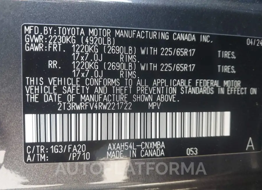 TOYOTA RAV4 HYBRID 2024 vin 2T3RWRFV4RW221722 from auto auction Iaai