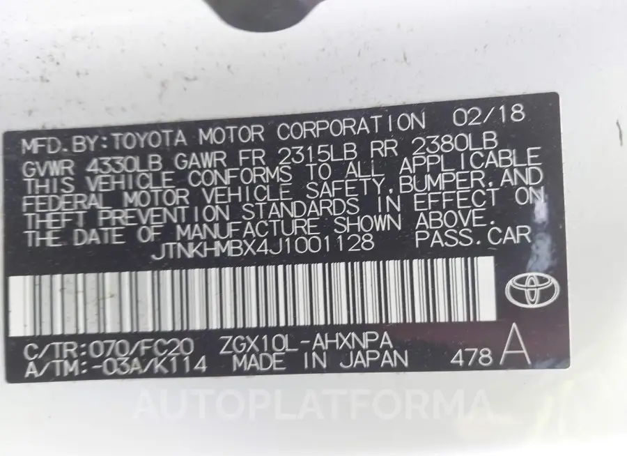 TOYOTA C-HR 2018 vin JTNKHMBX4J1001128 from auto auction Iaai