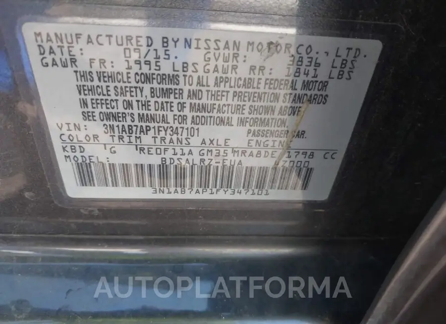 NISSAN SENTRA 2015 vin 3N1AB7AP1FY347101 from auto auction Iaai