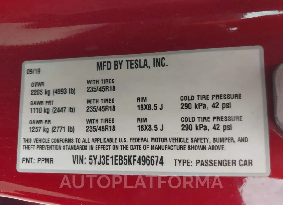 TESLA MODEL 3 2019 vin 5YJ3E1EB5KF496674 from auto auction Iaai