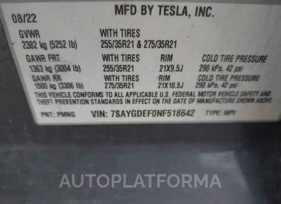 TESLA MODEL Y 2022 vin 7SAYGDEF0NF518642 from auto auction Iaai