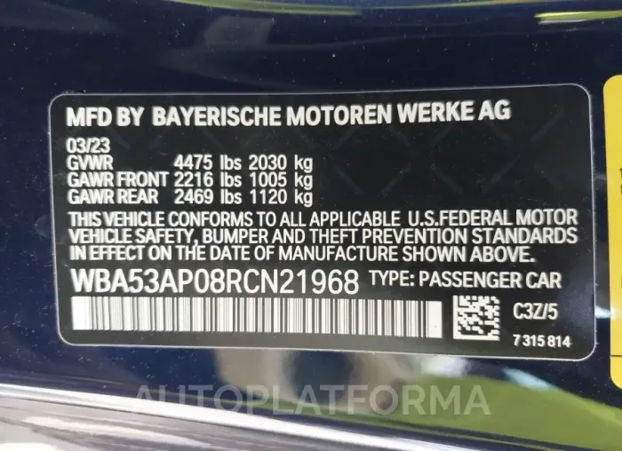 BMW 4 SERIES 2024 vin WBA53AP08RCN21968 from auto auction Iaai