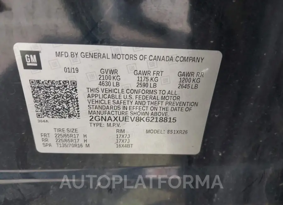 CHEVROLET EQUINOX 2019 vin 2GNAXUEV8K6218815 from auto auction Iaai