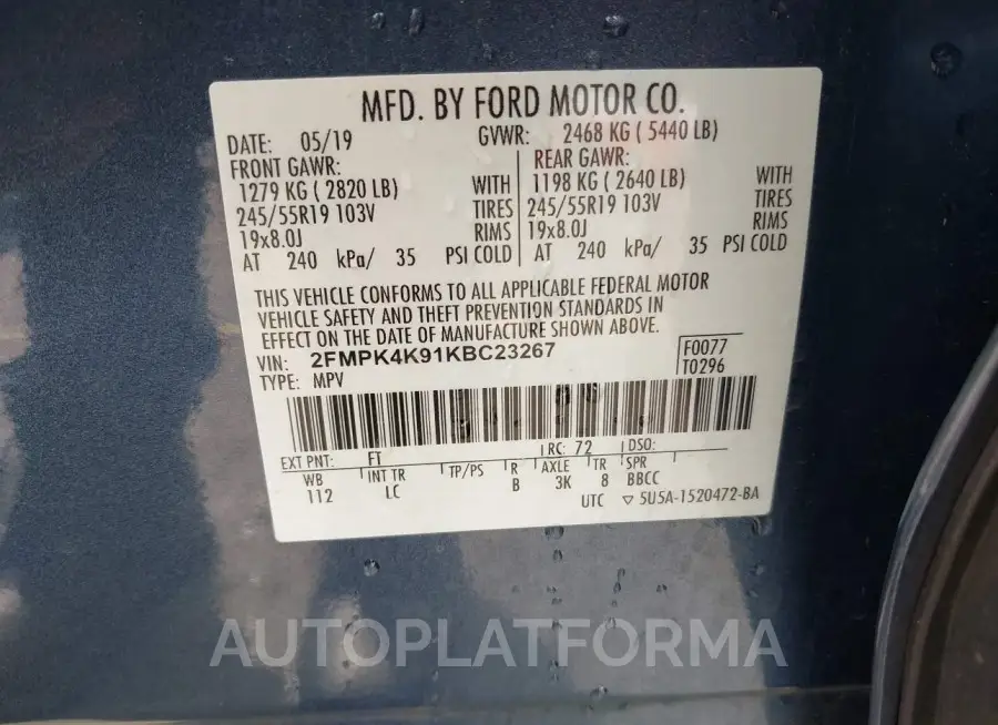 FORD EDGE 2019 vin 2FMPK4K91KBC23267 from auto auction Iaai