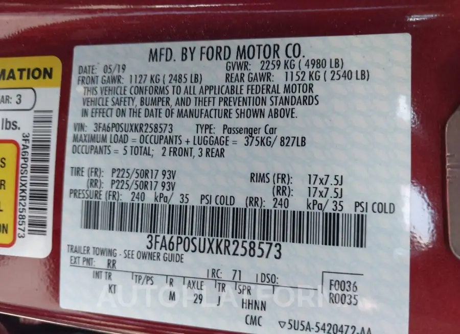 FORD FUSION ENERGI 2019 vin 3FA6P0SUXKR258573 from auto auction Iaai