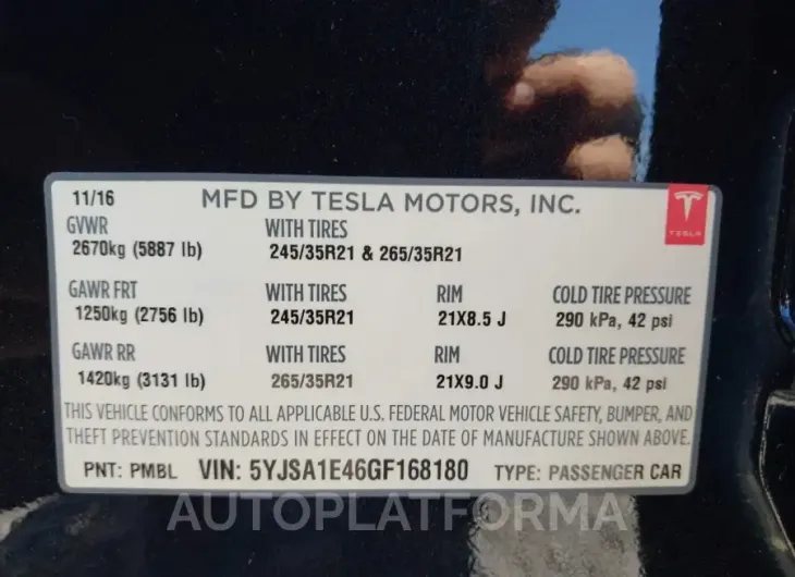 TESLA MODEL S 2016 vin 5YJSA1E46GF168180 from auto auction Iaai