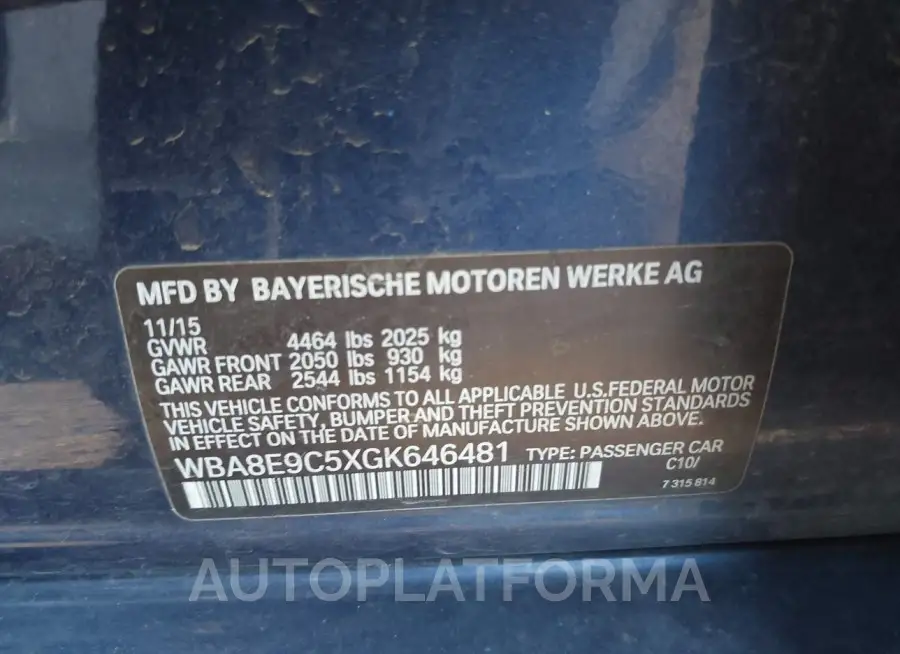 BMW 328I  2016 vin WBA8E9C5XGK646481 from auto auction Iaai