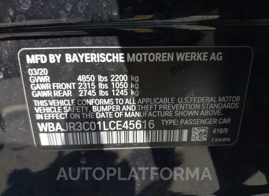 BMW 530I 2020 vin WBAJR3C01LCE45616 from auto auction Iaai