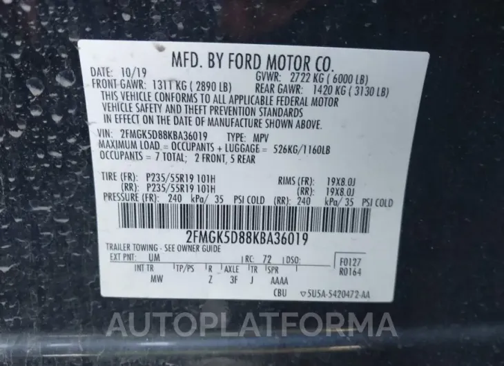 FORD FLEX 2019 vin 2FMGK5D88KBA36019 from auto auction Iaai