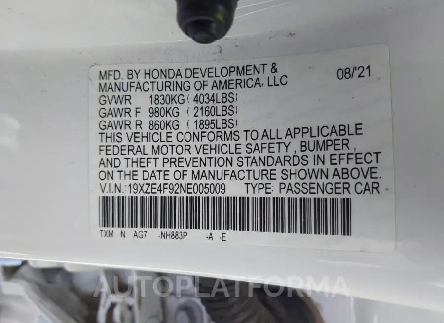 HONDA INSIGHT 2022 vin 19XZE4F92NE005009 from auto auction Iaai