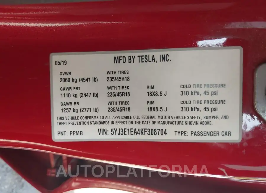 TESLA MODEL 3 2019 vin 5YJ3E1EA4KF308704 from auto auction Iaai