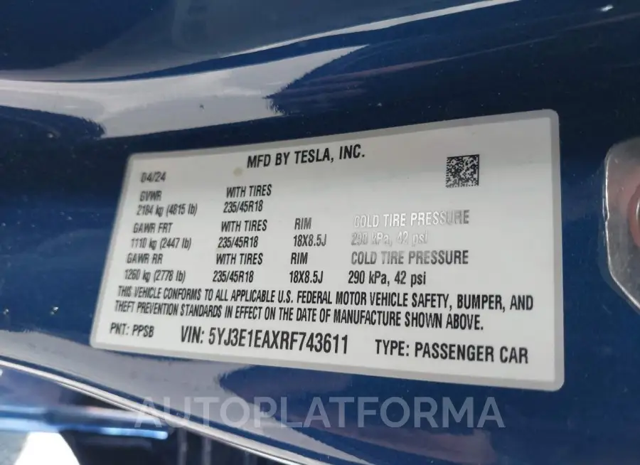 TESLA MODEL 3 2024 vin 5YJ3E1EAXRF743611 from auto auction Iaai