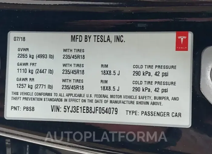 TESLA MODEL 3 2018 vin 5YJ3E1EB8JF054079 from auto auction Iaai