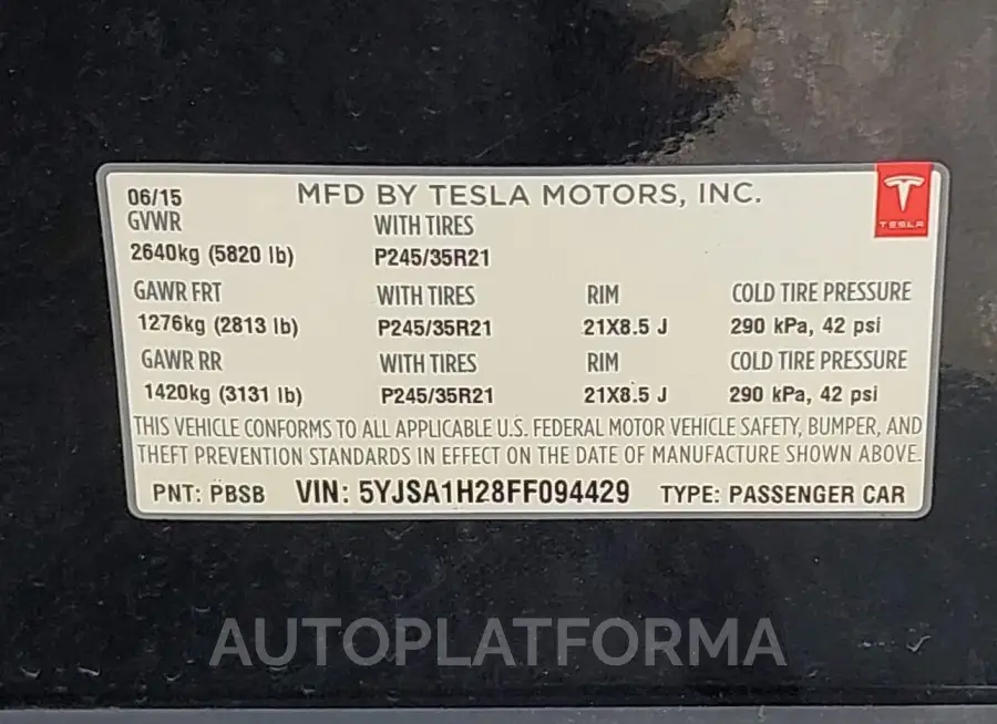 TESLA MODEL S 2015 vin 5YJSA1H28FF094429 from auto auction Iaai