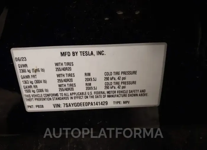 TESLA MODEL Y 2023 vin 7SAYGDEE0PA141429 from auto auction Iaai