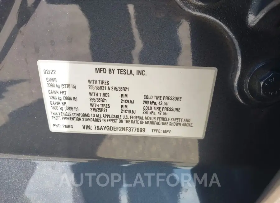 TESLA MODEL Y 2022 vin 7SAYGDEF2NF377699 from auto auction Iaai