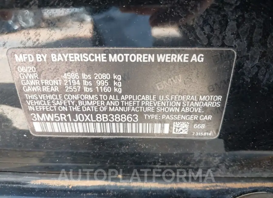 BMW 330I 2020 vin 3MW5R1J0XL8B38863 from auto auction Iaai