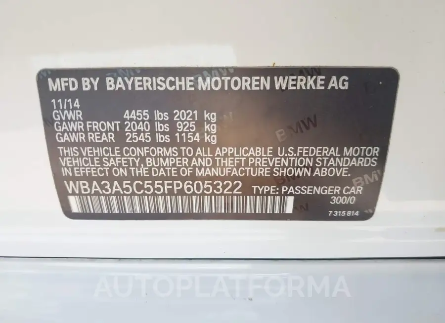 BMW 328I  2015 vin WBA3A5C55FP605322 from auto auction Iaai