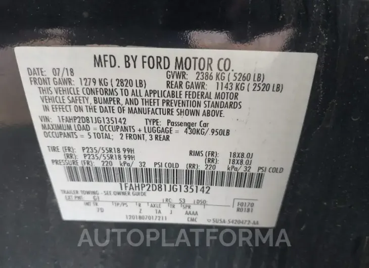 FORD TAURUS 2018 vin 1FAHP2D81JG135142 from auto auction Iaai