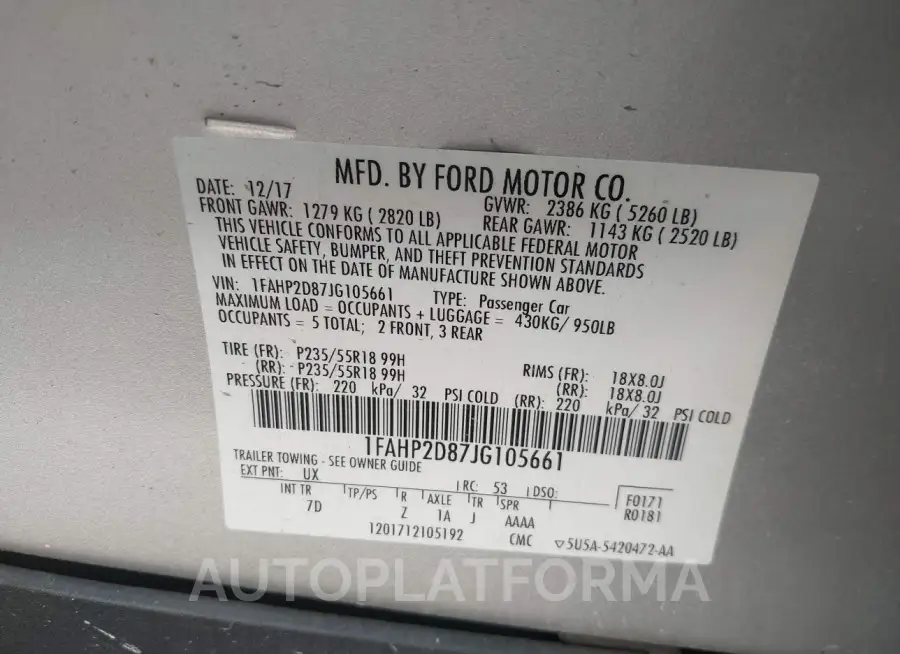 FORD TAURUS 2018 vin 1FAHP2D87JG105661 from auto auction Iaai