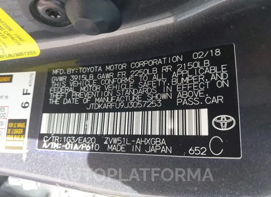 TOYOTA PRIUS 2018 vin JTDKARFU9J3057253 from auto auction Iaai