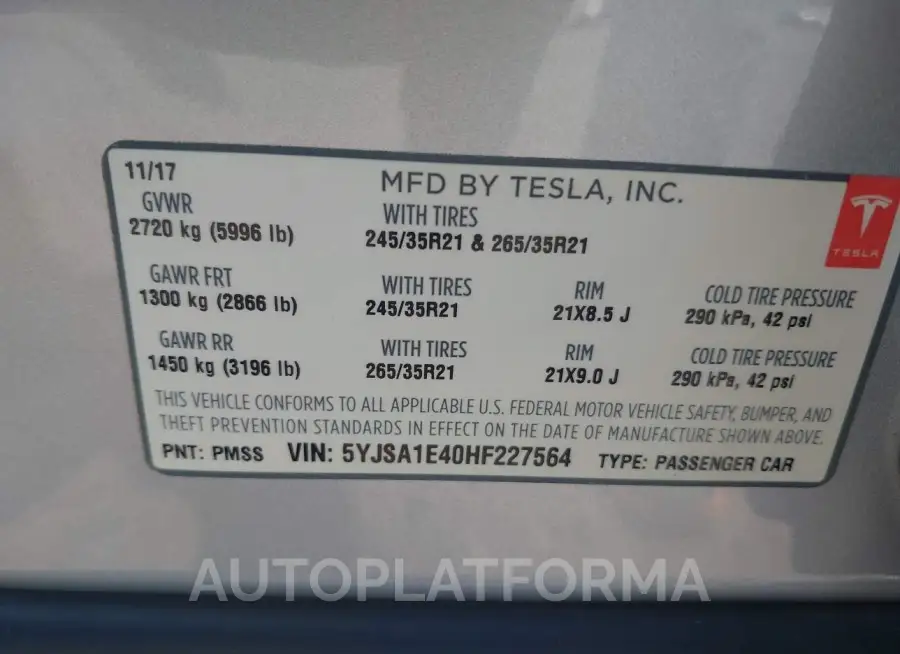 TESLA MODEL S 2017 vin 5YJSA1E40HF227564 from auto auction Iaai