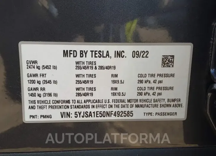 TESLA MODEL S 2022 vin 5YJSA1E50NF492585 from auto auction Iaai