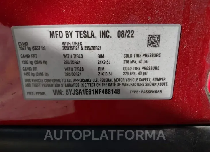 TESLA MODEL S 2022 vin 5YJSA1E61NF488148 from auto auction Iaai