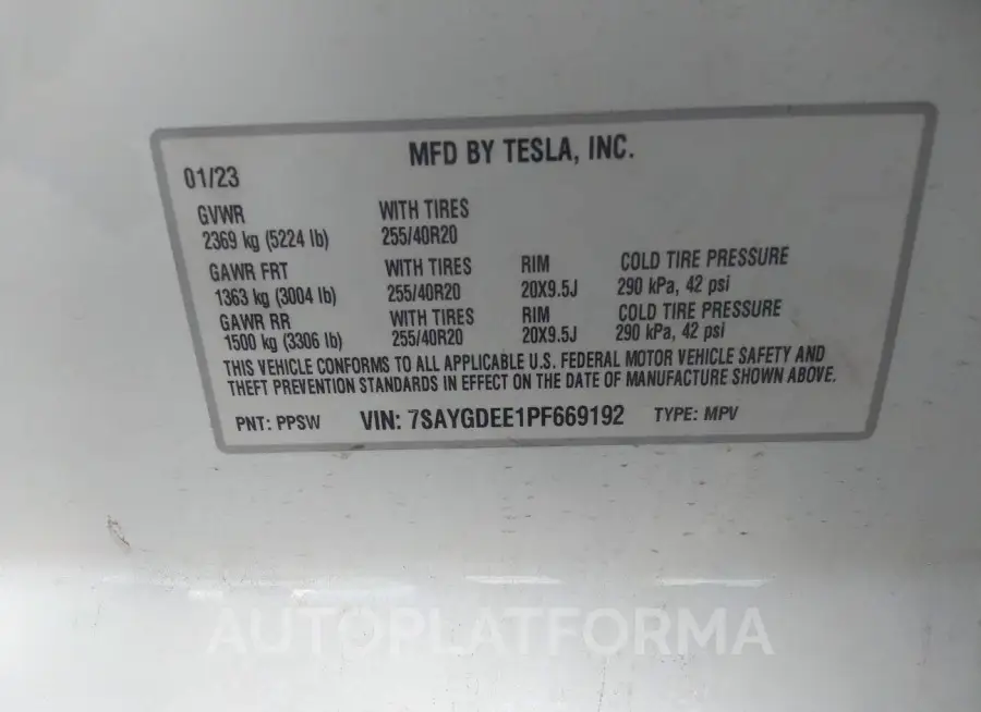 TESLA MODEL Y 2023 vin 7SAYGDEE1PF669192 from auto auction Iaai