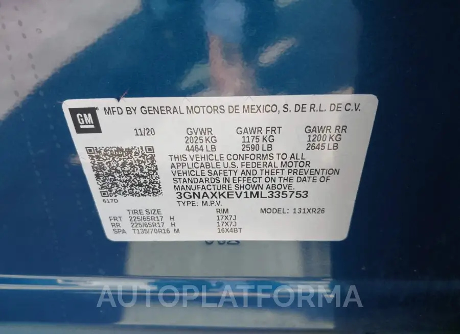 CHEVROLET EQUINOX 2021 vin 3GNAXKEV1ML335753 from auto auction Iaai