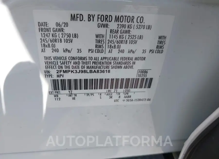 FORD EDGE 2020 vin 2FMPK3J98LBA83618 from auto auction Iaai