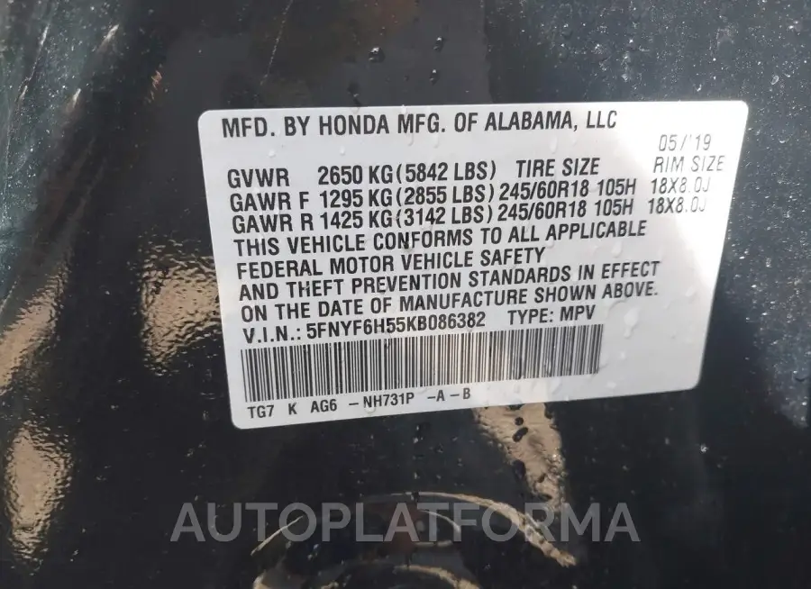 HONDA PILOT 2019 vin 5FNYF6H55KB086382 from auto auction Iaai