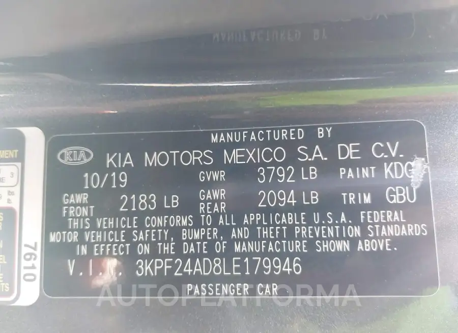 KIA FORTE 2020 vin 3KPF24AD8LE179946 from auto auction Iaai